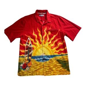 Vintage Ocean Pacific OP Hawaiian Shirt Medium Surf Sunset Beach Red Button Up